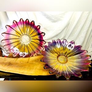 Federal Glass Celestial Marigold Purple Iridescent 11" 2 Pc Bowl Set 1940's Rare